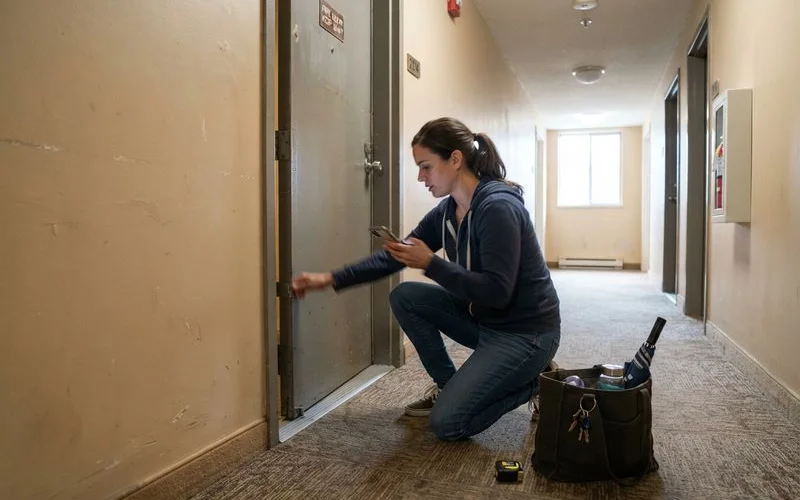A technician checking the alignment and self-closing mechanism of a fire-rated door in a Singapore condo corridor