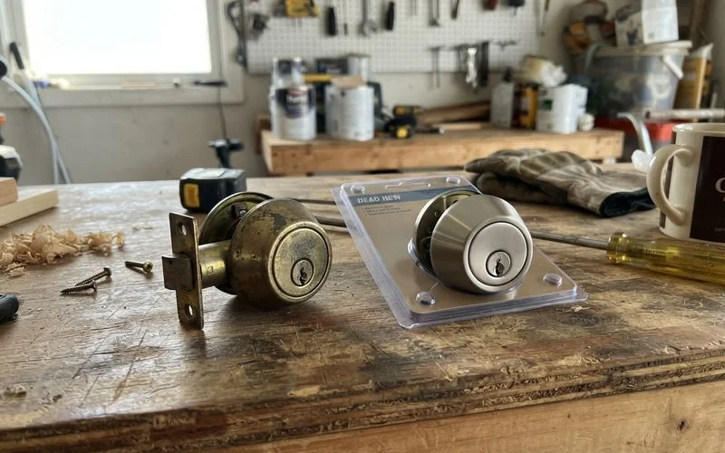 A homeowner comparing a new lock package against the old lock removed from a wooden HDB front door, with a screwdriver set laid out nearby