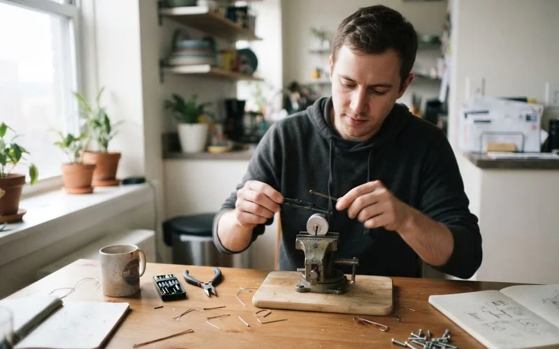 A person examining a set of basic lock picking tools next to a house key on a table, considering whether to attempt a DIY lockout fix