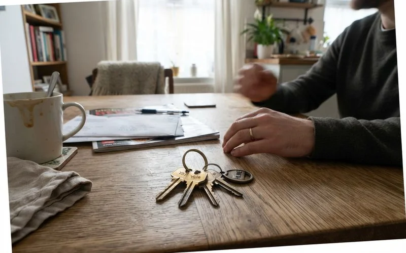 A set of house keys, a gate key, and a mailbox key laid out together on a table beside a folder of handover documents