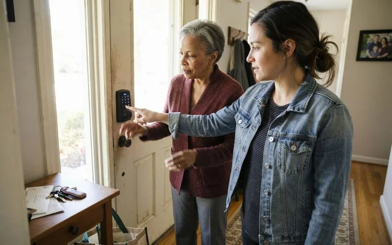 An adult child helping an elderly parent use a fingerprint sensor on a digital door lock at their HDB flat