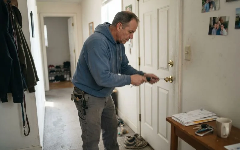 A locksmith calmly working on a bedroom door latch from the hallway while a parent waits nearby