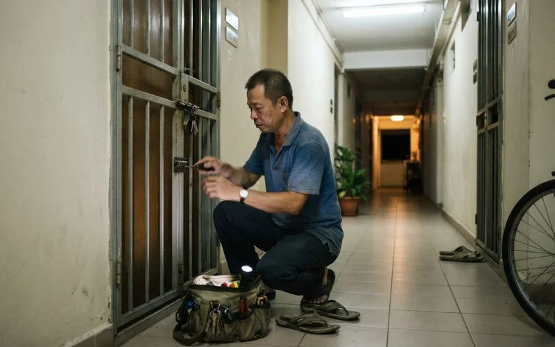 A locksmith kneeling by a Singapore HDB flat front door at night, using a torch and lock picks to work on the lock without damaging the door frame
