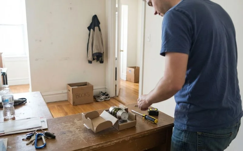 Boxes and moving supplies stacked near the front door of a Singapore HDB flat, with a new lock package sitting on top ready for installation
