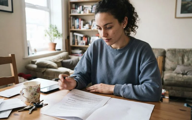 A tenant and landlord reviewing a tenancy agreement together at a table, with a set of keys and a notepad nearby