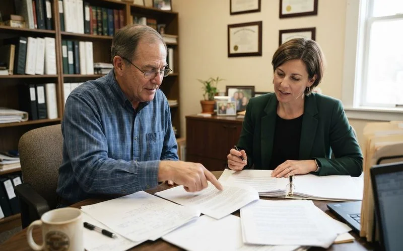 A family member reviewing documents with a lawyer at a table, preparing to arrange access to a deceased relative's property